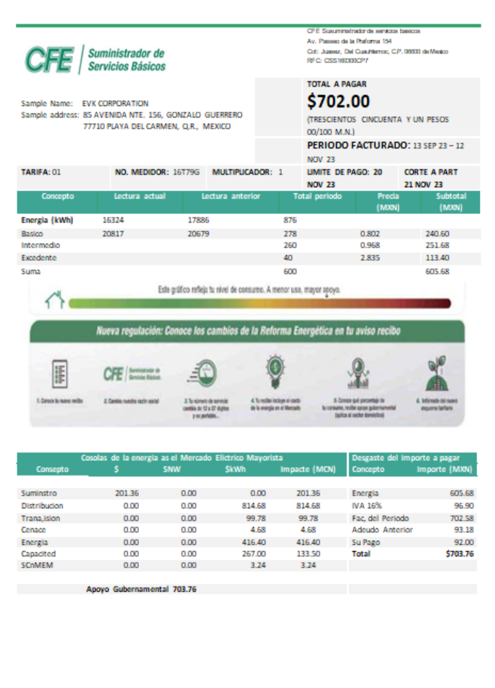 CFE electricity utility business bill,  SCR PSD template